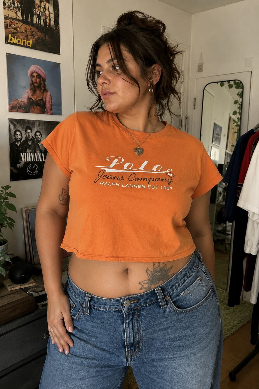 Polo Jeans Co Ralph Lauren Orange Boxy Crop Tee Y2K Vintage Logo Graphic XL